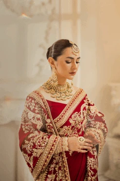 Pakistani Bridal Outfit In Red Lehenga Saree Style -LuxPak Bridal Studio Store LatestPakistaniBridalOutfitinRedLehengaSareeStyle