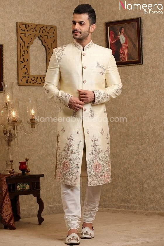 Latest Pakistani Cream Sherwani For Groom Online #GR96 5 Latest Pakistani Cream Sherwani For Groom Online #GR96 - Image 3