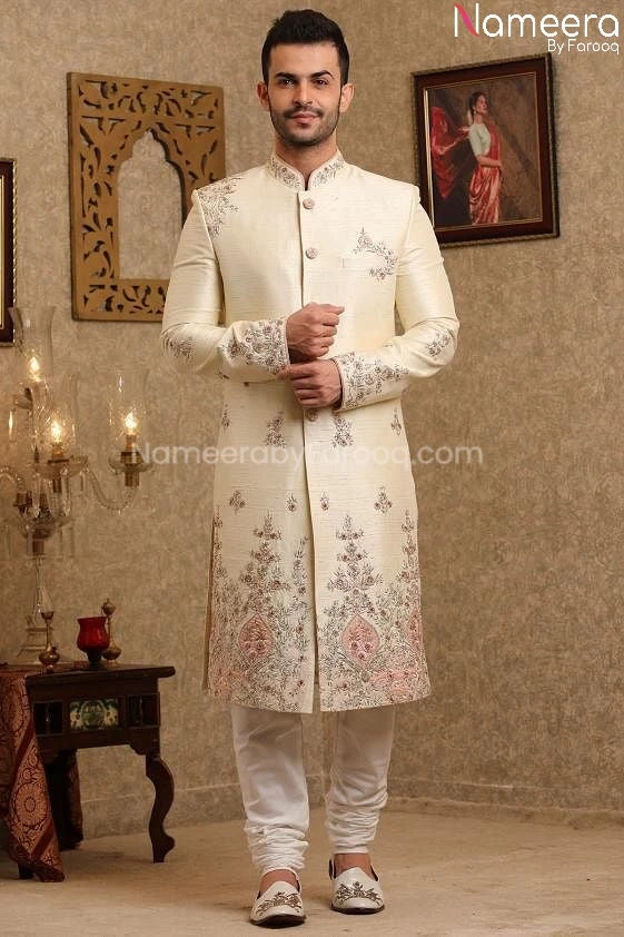 Latest Pakistani Cream Sherwani For Groom Online #GR96 3 Latest Pakistani Cream Sherwani For Groom Online #GR96