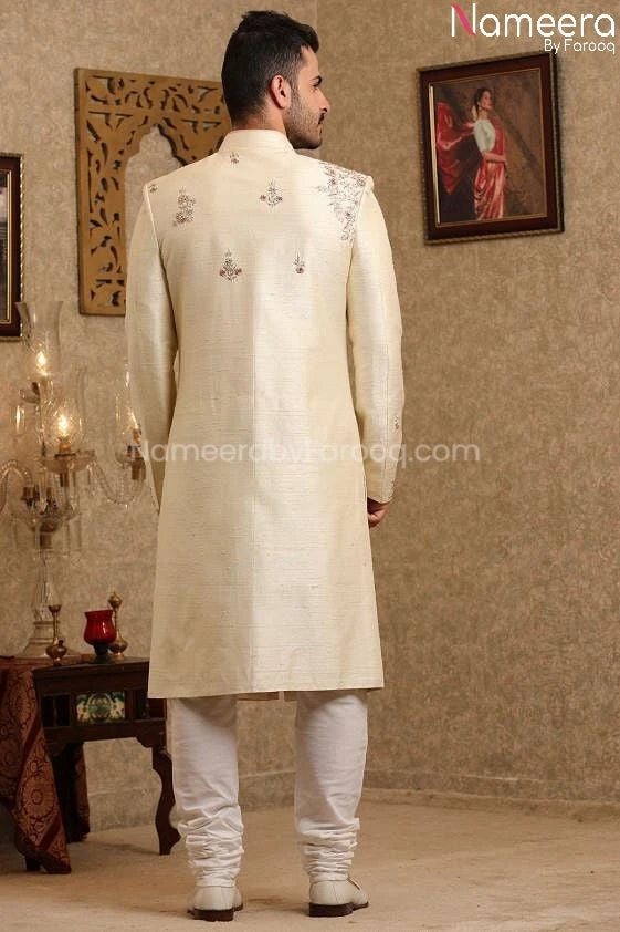 Latest Pakistani Cream Sherwani For Groom Online #GR96 6 Latest Pakistani Cream Sherwani For Groom Online #GR96 - Image 4