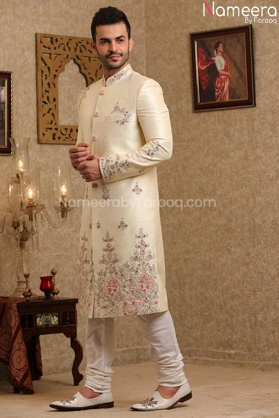 Latest Pakistani Cream Sherwani For Groom Online #GR96 4 Latest Pakistani Cream Sherwani For Groom Online #GR96 - Image 2