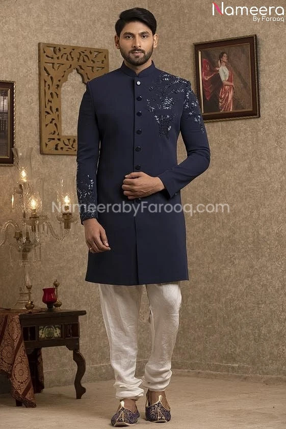 Latest Pakistani Navy Blue Sherwani For Groom #GR107 6 Latest Pakistani Navy Blue Sherwani For Groom #GR107 - Image 4