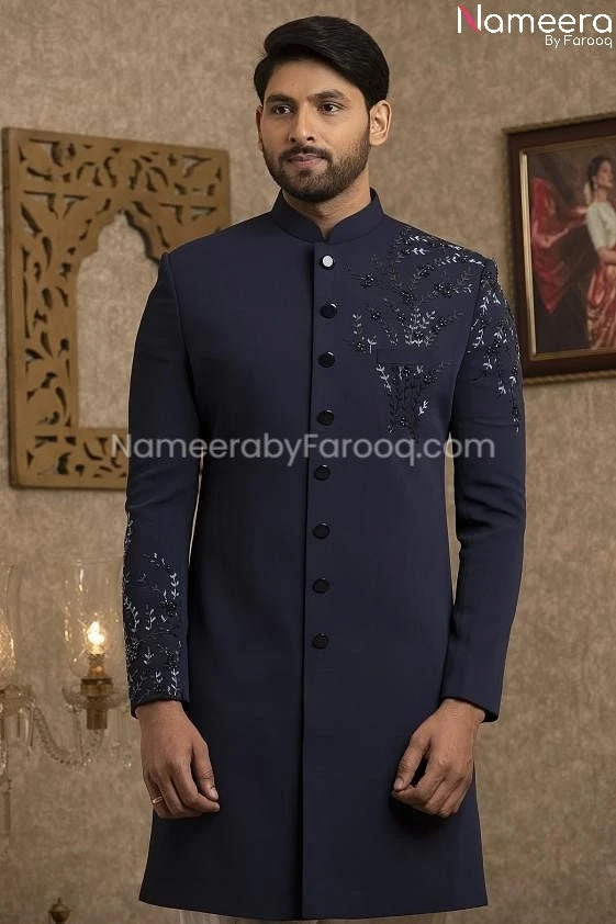 Latest Pakistani Navy Blue Sherwani For Groom #GR107 4 Latest Pakistani Navy Blue Sherwani For Groom #GR107 - Image 2