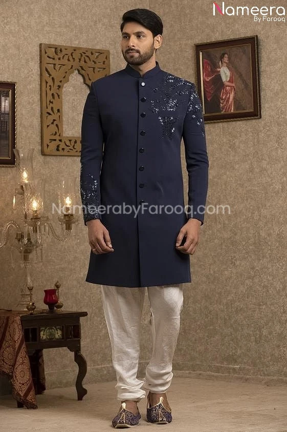 Latest Pakistani Navy Blue Sherwani For Groom #GR107 5 Latest Pakistani Navy Blue Sherwani For Groom #GR107 - Image 3