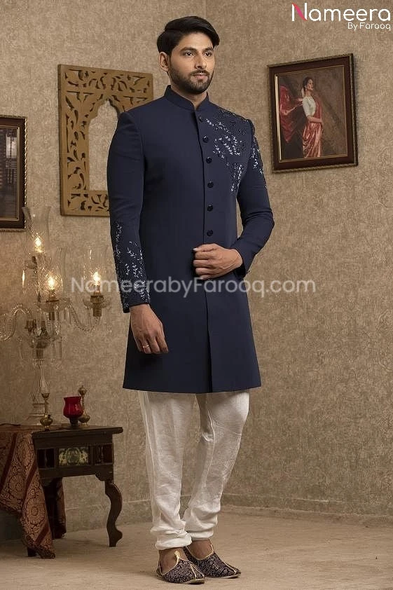 Latest Pakistani Navy Blue Sherwani For Groom #GR107 3 Latest Pakistani Navy Blue Sherwani For Groom #GR107