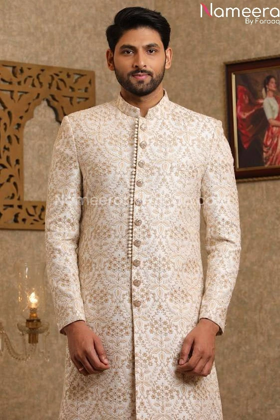 Latest Pakistani Off White Sherwani For Wedding #GR100 5 Latest Pakistani Off White Sherwani For Wedding #GR100 - Image 3