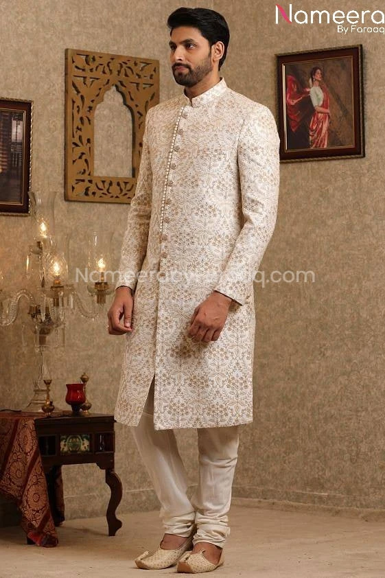 Latest Pakistani Off White Sherwani For Wedding #GR100 3 Latest Pakistani Off White Sherwani For Wedding #GR100