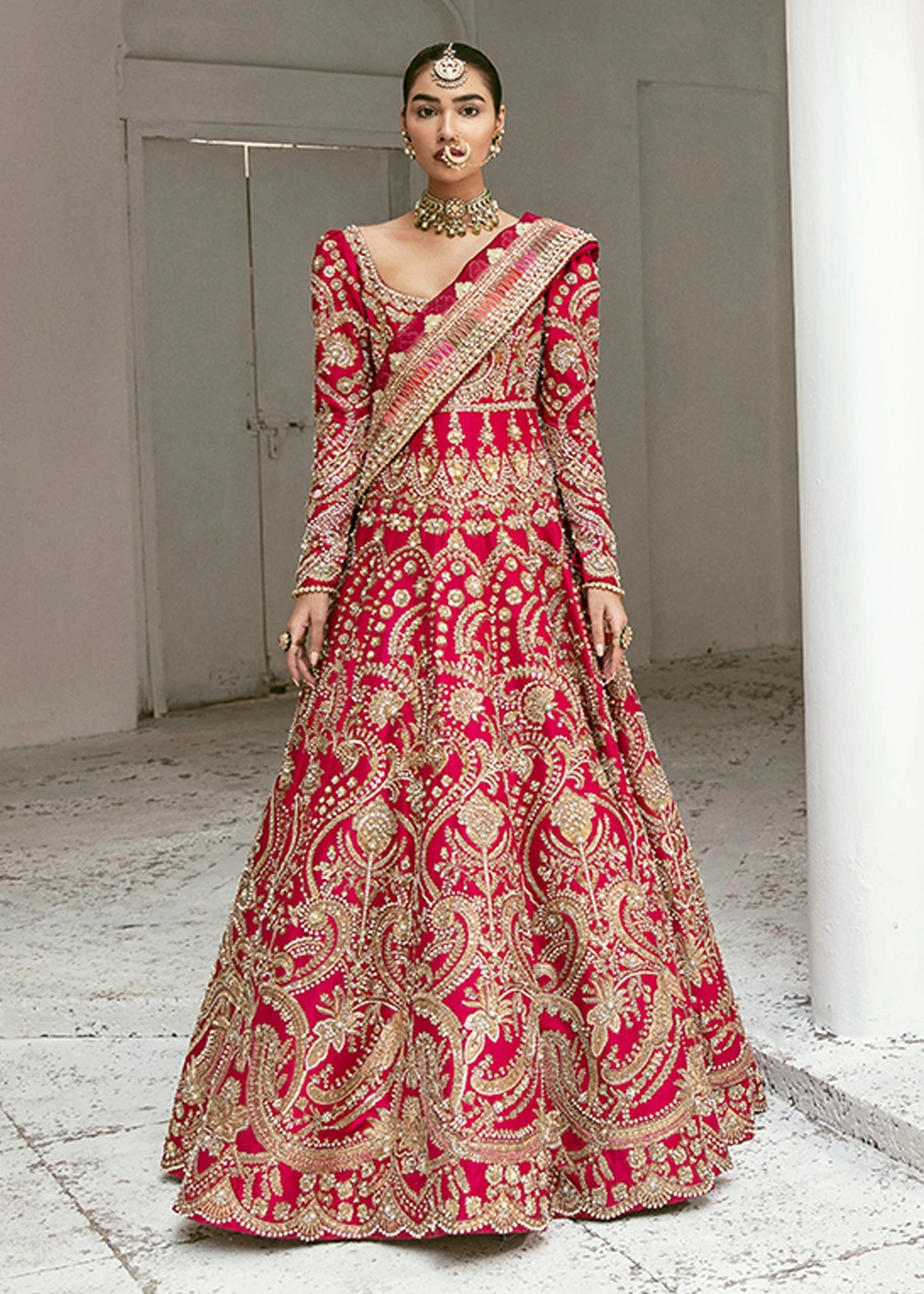 Latest Pakistani Red Bridal Dress In Gown Style #BS787 3 Latest Pakistani Red Bridal Dress In Gown Style #BS787