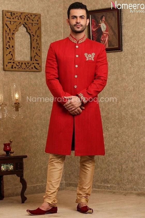 Latest Pakistani Red Sherwani For Groom 2021 #GR70 3 Latest Pakistani Red Sherwani For Groom 2021 #GR70