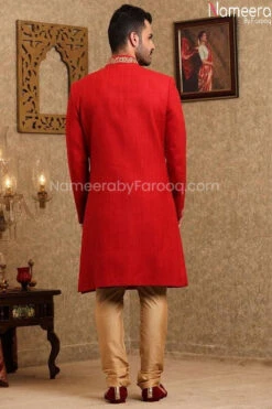 Latest Pakistani Red Sherwani For Groom 2021 #GR70 7 Latest Pakistani Red Sherwani For Groom 2021 #GR70 -LuxPak Bridal Studio Store LatestPakistaniRedSherwaniforGroom2021 2