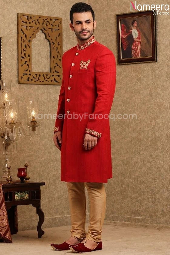 Latest Pakistani Red Sherwani For Groom 2021 #GR70 4 Latest Pakistani Red Sherwani For Groom 2021 #GR70 - Image 2
