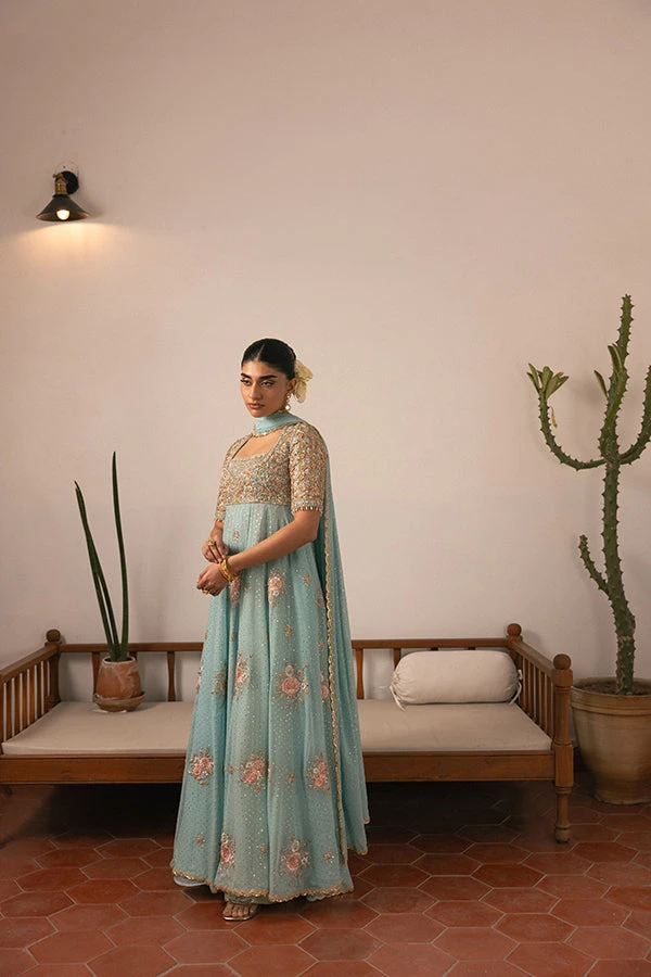 Pakistani Wedding Dress In Blue Pishwas Frock Style 5 Pakistani Wedding Dress In Blue Pishwas Frock Style - Image 3