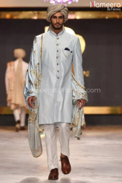 Luxury Pakistani Groom Sherwani In Sky Blue Color #GR43