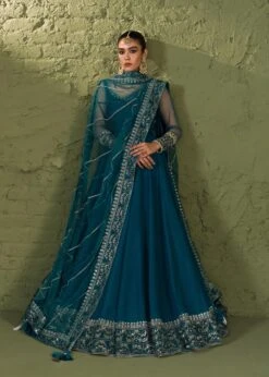 Luxury Teal Blue Pakistani Wedding Dress In Long Pishwas And Dupatta