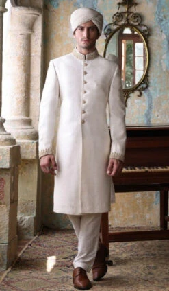Mens White Sherwani For Grooms Wedding Wear #GN100
