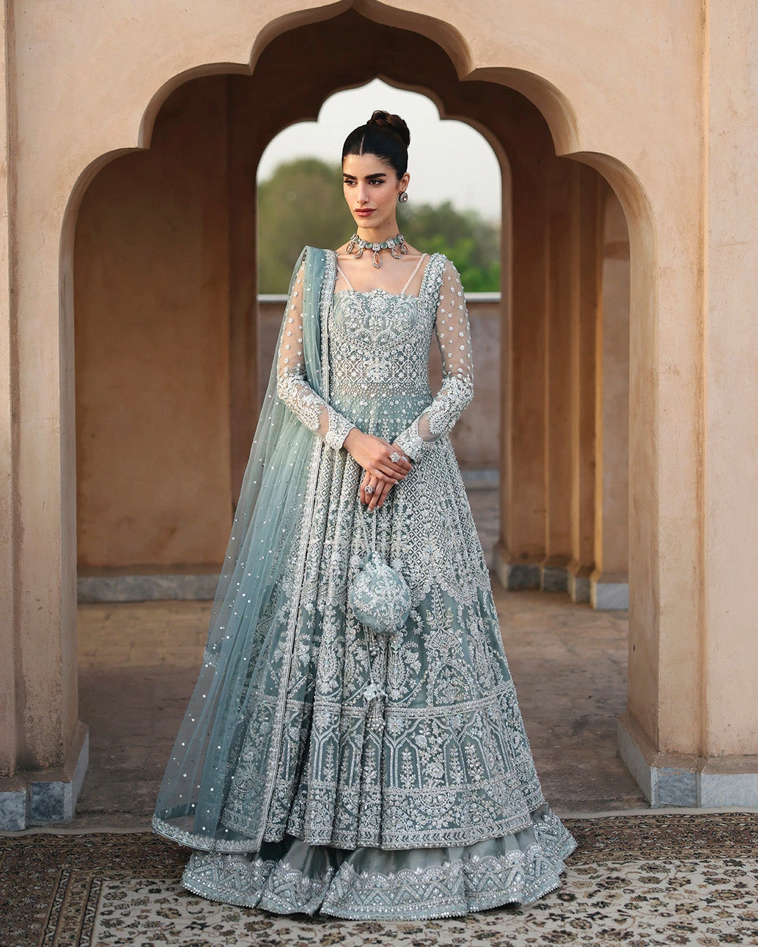Mint Blue Pishwas Lehenga Style Pakistani Bridal Dress 3 Mint Blue Pishwas Lehenga Style Pakistani Bridal Dress