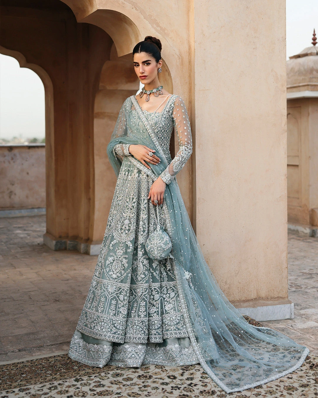 Mint Blue Pishwas Lehenga Style Pakistani Bridal Dress 5 Mint Blue Pishwas Lehenga Style Pakistani Bridal Dress - Image 3