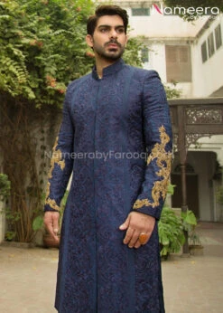 Navy Blue Sherwani For Groom With Dabka Embroidery #GR25