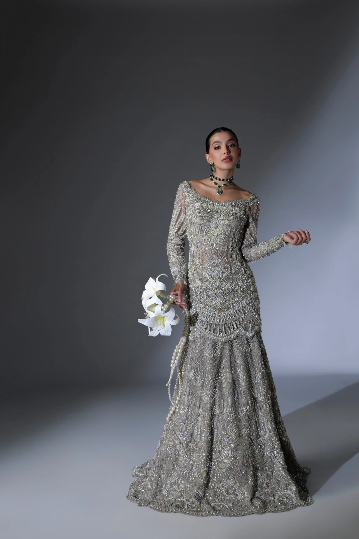 Net Pakistani Bridal Dress In Grey Lehenga Shirt Style 4 Net Pakistani Bridal Dress In Grey Lehenga Shirt Style - Image 2