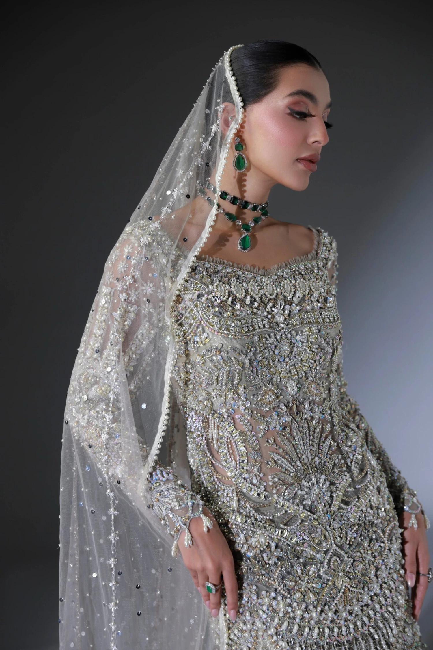 Net Pakistani Bridal Dress In Grey Lehenga Shirt Style 5 Net Pakistani Bridal Dress In Grey Lehenga Shirt Style - Image 3