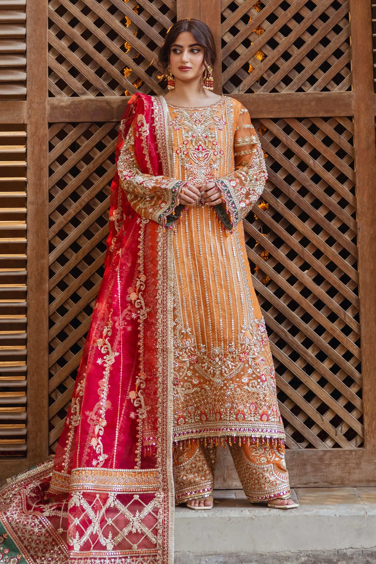 Orange Heavily Embellished Pakistani Wedding Dress Kameez Trousers 3 Orange Heavily Embellished Pakistani Wedding Dress Kameez Trousers