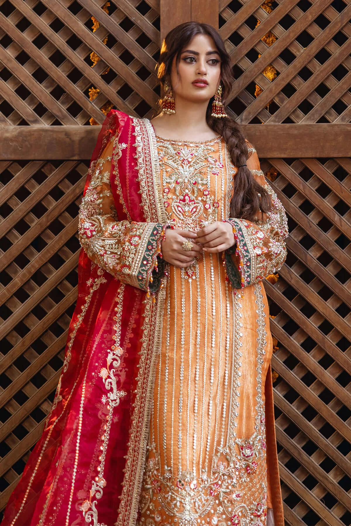 Orange Heavily Embellished Pakistani Wedding Dress Kameez Trousers 6 Orange Heavily Embellished Pakistani Wedding Dress Kameez Trousers - Image 4