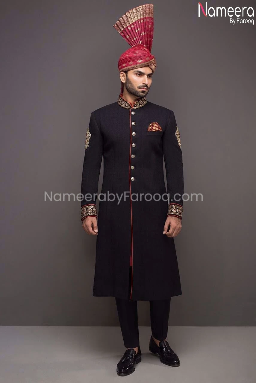 Pakistani Black Sherwani For Men With Dabka 2021 #GR57 4 Pakistani Black Sherwani For Men With Dabka 2021 #GR57 - Image 2