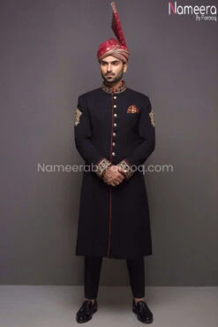 Pakistani Black Sherwani For Men With Dabka 2021 #GR57