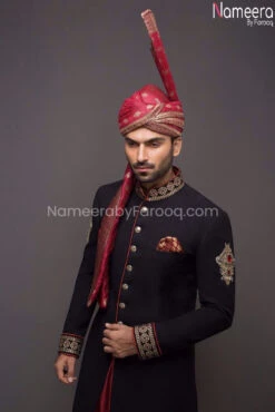 Pakistani Black Sherwani For Men With Dabka 2021 #GR57 7 Pakistani Black Sherwani For Men With Dabka 2021 #GR57 -LuxPak Bridal Studio Store PakistaniBlacksherwaniformenwithdabka2021 3