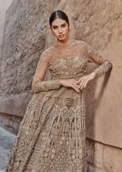 Pakistani Bridal Dress In Golden Lehenga Gown Style 7 Pakistani Bridal Dress In Golden Lehenga Gown Style -LuxPak Bridal Studio Store PakistaniBridalDressinGoldenLehengaGownStyle