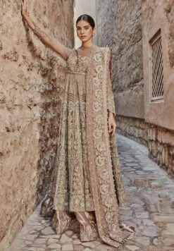 Pakistani Bridal Dress In Golden Lehenga Gown Style