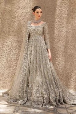 Pakistani Bridal Dress In Grey Gown And Dupatta Style