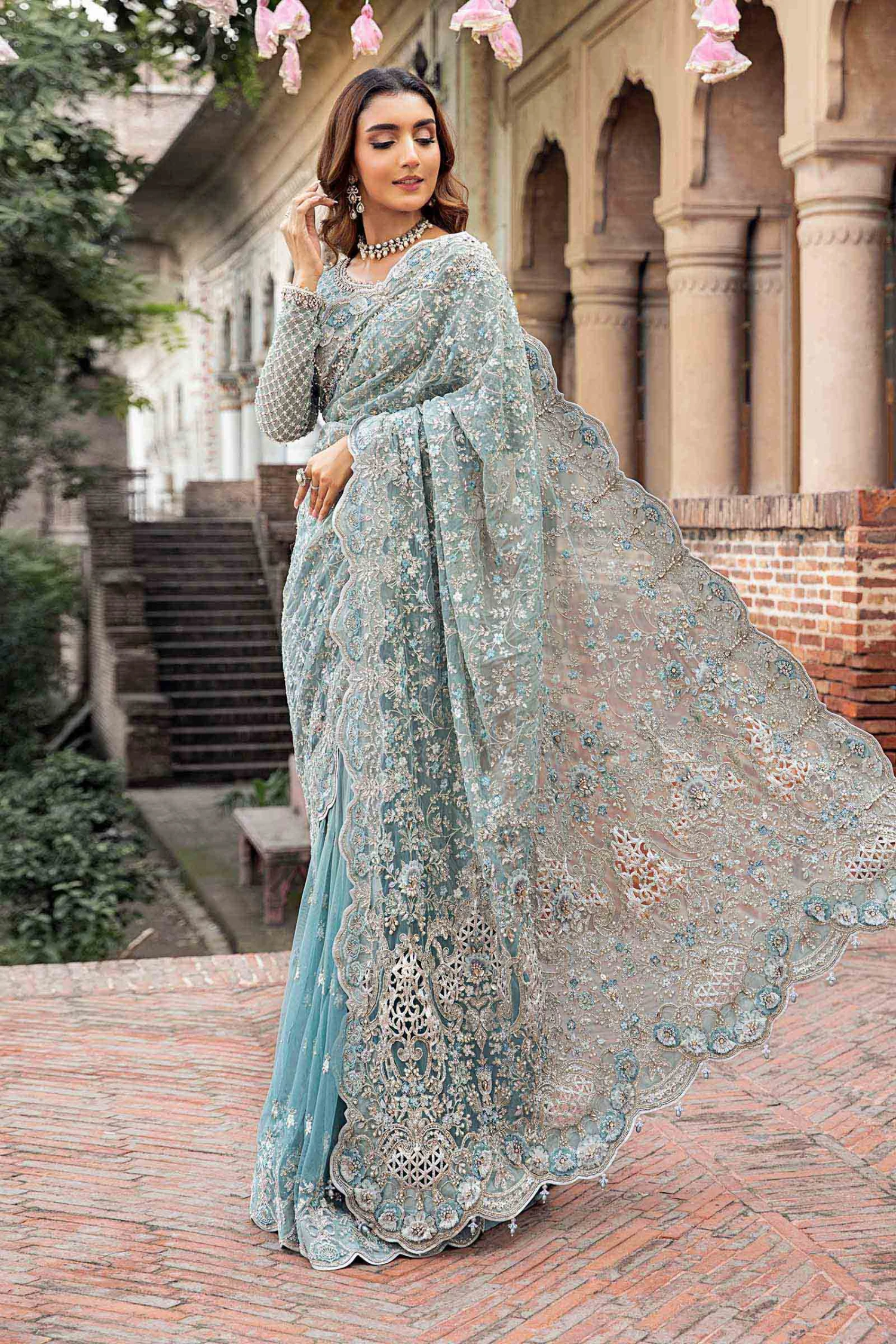 Pakistani Bridal Dress In Ice Blue Wedding Saree Style 3 Pakistani Bridal Dress In Ice Blue Wedding Saree Style