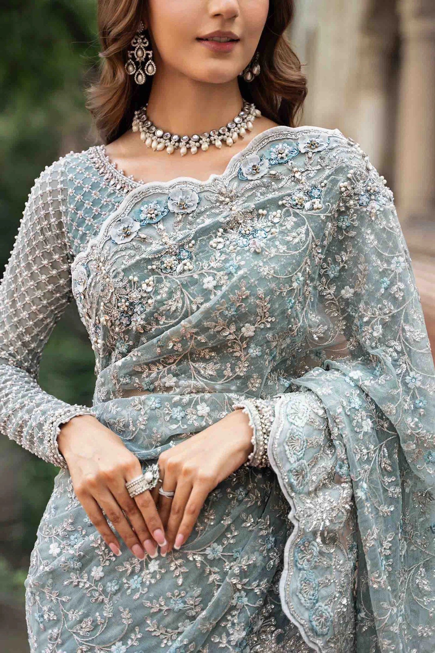 Pakistani Bridal Dress In Ice Blue Wedding Saree Style 6 Pakistani Bridal Dress In Ice Blue Wedding Saree Style - Image 4