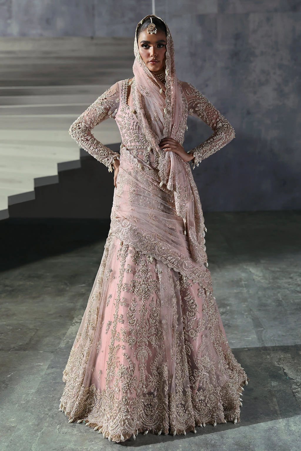 Powder Pink Pakistani Bridal Dress In Pishwas Style 10 Powder Pink Pakistani Bridal Dress In Pishwas Style - Image 8