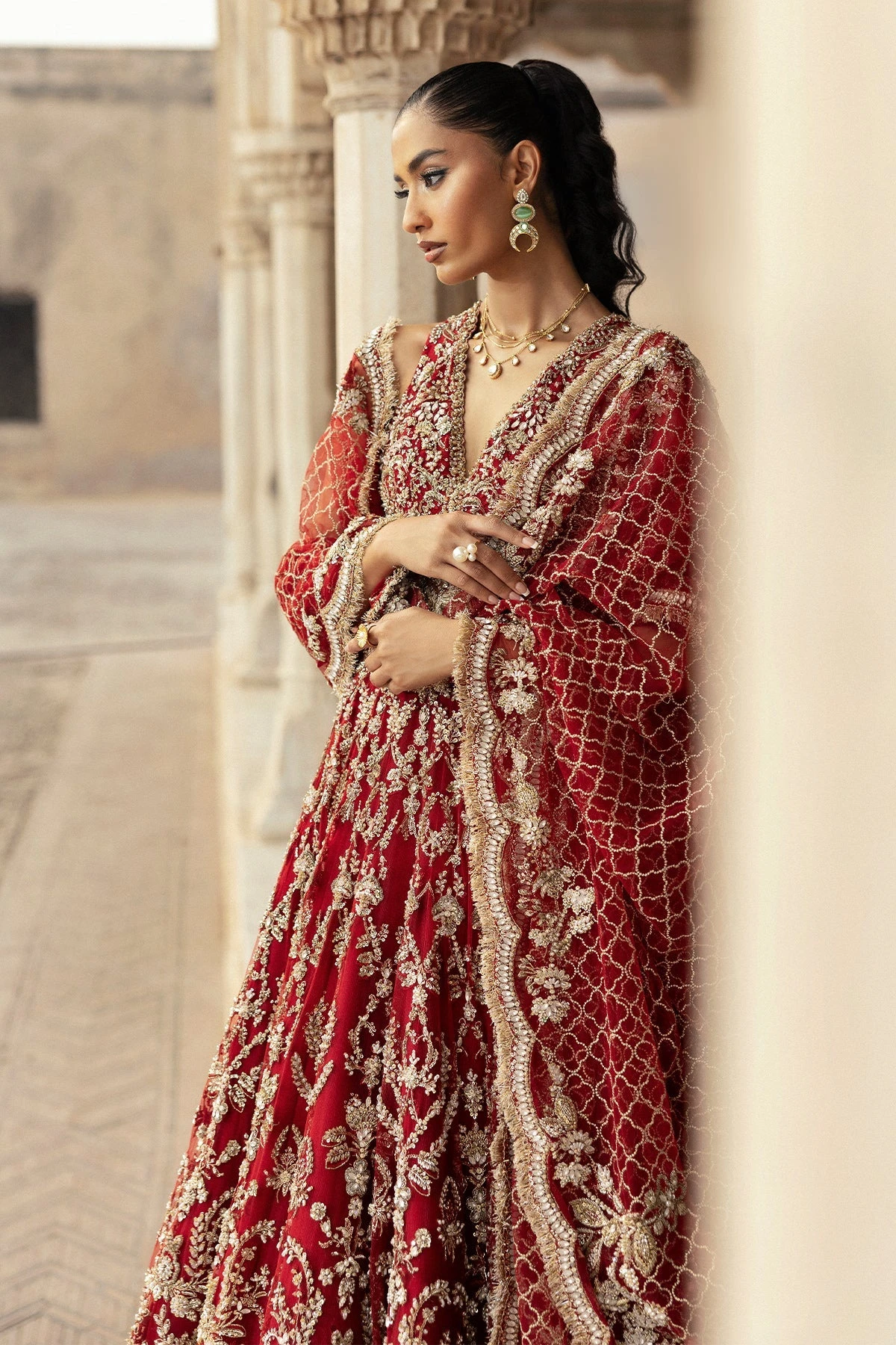 Pakistani Bridal Dress In Red Pishwas Lehenga Style 4 Pakistani Bridal Dress In Red Pishwas Lehenga Style - Image 2