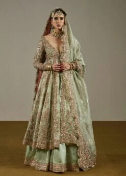 Pakistani Bridal Green Pishwas Lehenga Dupatta Dress