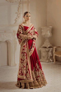 Pakistani Bridal Outfit In Red Lehenga Saree Style -LuxPak Bridal Studio Store PakistaniBridalOutfitinRedLehengaSareeStyleOnline