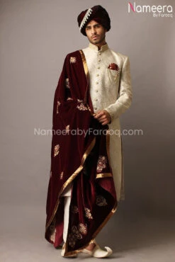Pakistani Dulha Wedding Sherwani With Velvet Shawl #GR46