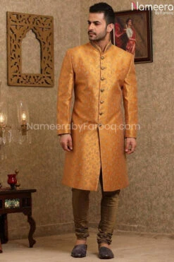Pakistani Golden Sherwani For Wedding Online #GR83