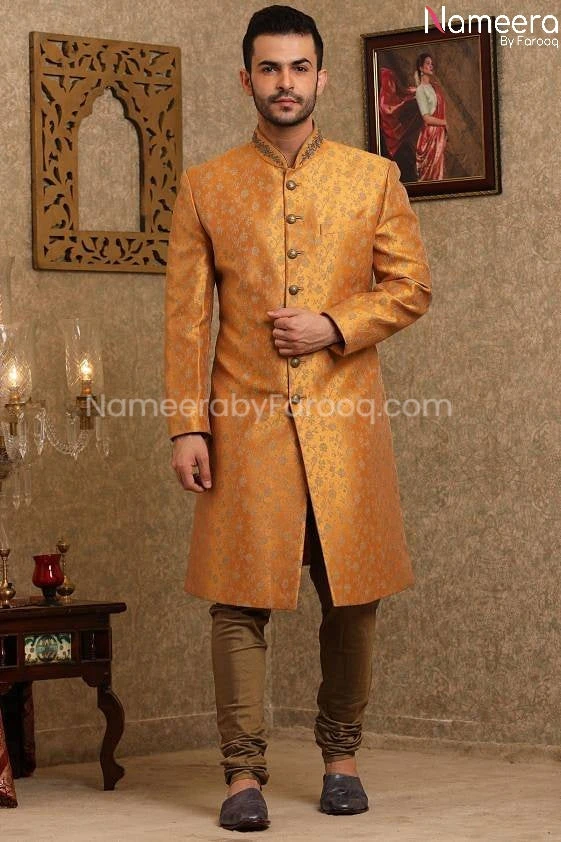 Pakistani Golden Sherwani For Wedding Online #GR83 5 Pakistani Golden Sherwani For Wedding Online #GR83 - Image 3
