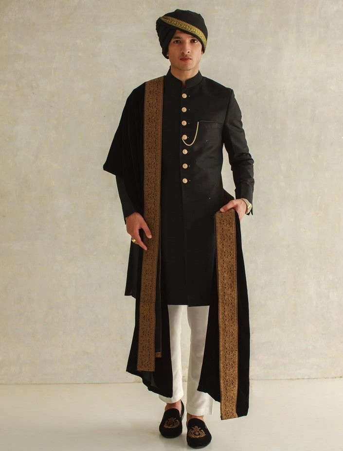 Pakistani Groom Black Sherwani For Wedding Wear #GN96 3 Pakistani Groom Black Sherwani For Wedding Wear #GN96