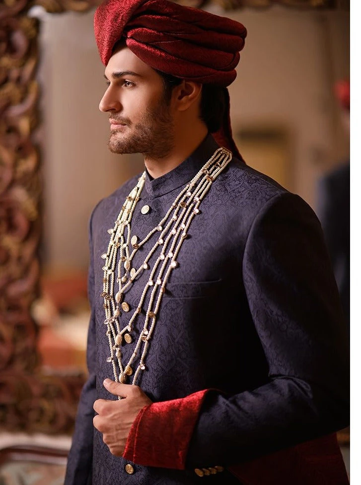 Pakistani Men Blue Sherwani With Dupatta Shawl #GN73 6 Pakistani Men Blue Sherwani With Dupatta Shawl #GN73 - Image 4
