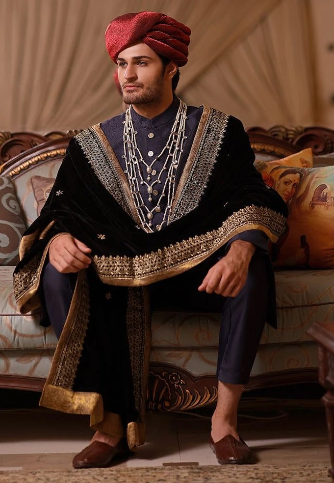 Pakistani Men Blue Sherwani With Dupatta Shawl #GN73 4 Pakistani Men Blue Sherwani With Dupatta Shawl #GN73 - Image 2