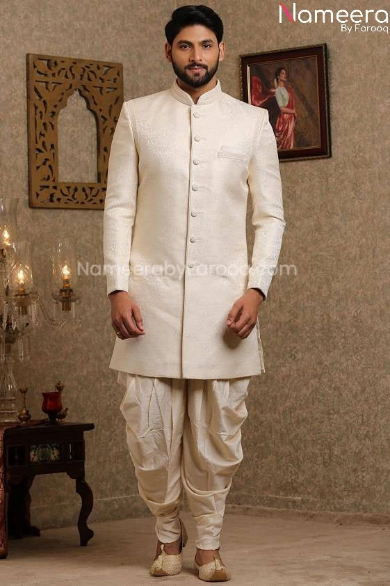Pakistani Off White Simple Sherwani For Groom #GR109 5 Pakistani Off White Simple Sherwani For Groom #GR109 - Image 3