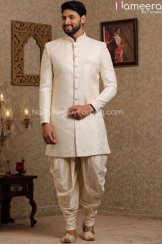 Pakistani Off White Simple Sherwani For Groom #GR109 4 Pakistani Off White Simple Sherwani For Groom #GR109 - Image 2