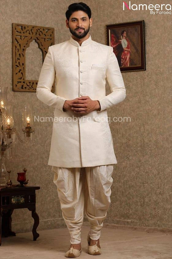Pakistani Off White Simple Sherwani For Groom #GR109 3 Pakistani Off White Simple Sherwani For Groom #GR109