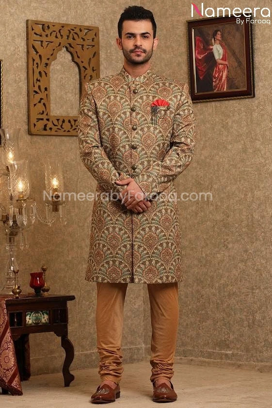 Pakistani Printed Silk Sherwani For Men's Online #GR93 3 Pakistani Printed Silk Sherwani For Men's Online #GR93