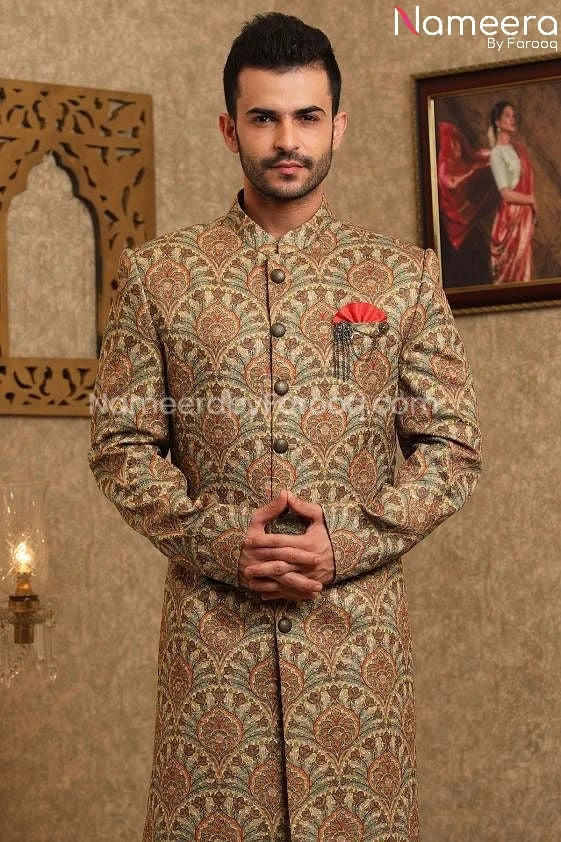 Pakistani Printed Silk Sherwani For Men's Online #GR93 4 Pakistani Printed Silk Sherwani For Men's Online #GR93 - Image 2