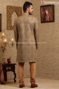 Pakistani Printed Silk Sherwani For Men's Online #GR93 9 Pakistani Printed Silk Sherwani For Men's Online #GR93 -LuxPak Bridal Studio Store PakistaniPrintedSilkSherwaniforMen sOnline 3